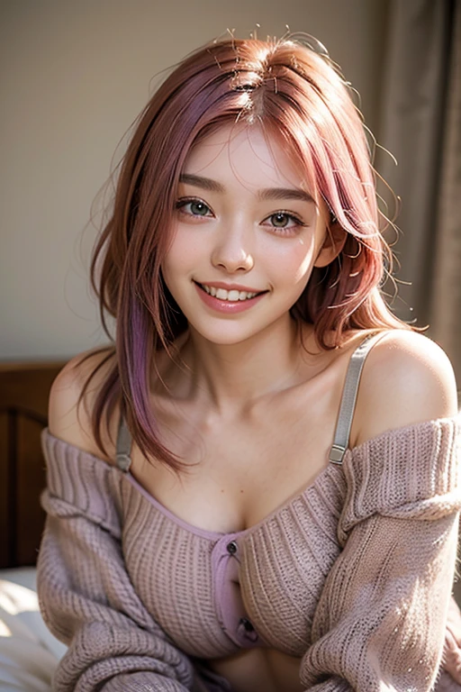 highest quality, masterpiece, Ultra-high resolution, (Realistic:1.4), (Close-up portrait) RAW Photos, 1 girl,23 years old,((I'm showing my teeth and smiling)),((Big smile)),((look up)),((Random cute poses)),,((Passionate pink haired girl )),((wearing oversized offshoulder gray sweater,overly long sleeves sweater:1.2)),Short Bob Hair、((Cap Chestnut)),((Short bangs)),Realistic,Image Media Chest))big breasts.(I can see her bra purple strap:1.3)
in woman on top.(tattoo on boobs:1.2)