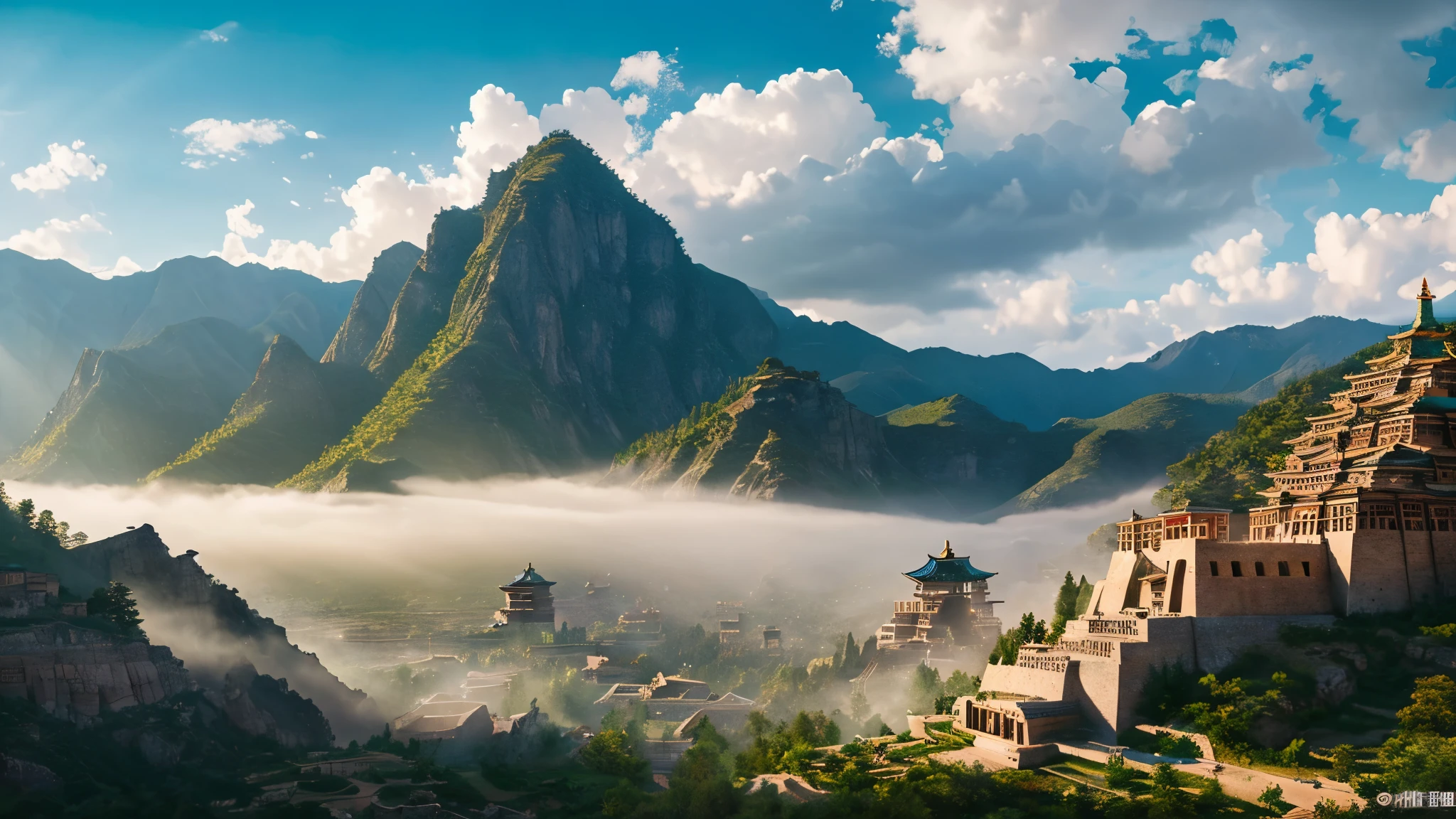 one (((ancient city))) rises majestically in the center of a mountainous landscape, as mythical figures emerge from the clouds, evoking the mysterious foundation of [The legendary Xia Dynasty].