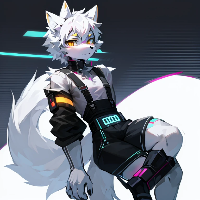 cyber punk perssonage,epcot,Tech style,solo person,White body,White ears,White hair,Overall white,Orange-yellow eyes,Wolf tail,Wolf orcs,Young,Wear a short-sleeved shirt,Ultra-clear screen,Soft lines