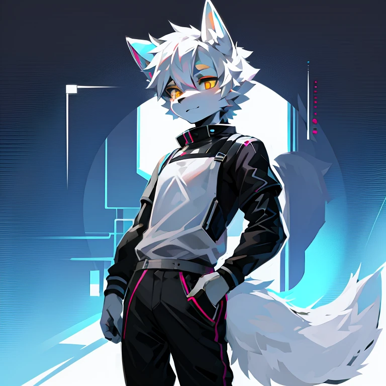 cyber punk perssonage,epcot,Tech style,solo person,White body,White ears,White hair,Overall white,Orange-yellow eyes,Wolf tail,Wolf orcs,Young,Wear a short-sleeved shirt,Ultra-clear screen,Soft lines