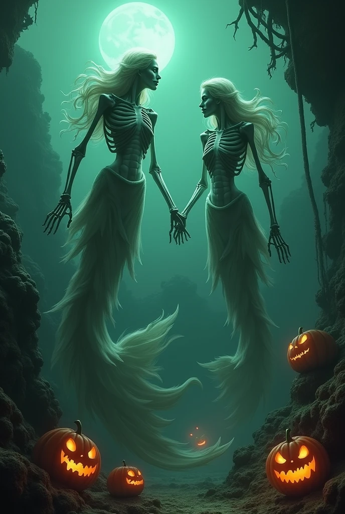 An underwater Halloween scene with a sunken pirate ship, glowing carved pumpkins sitting on coral, and skeletal mermaids swimming in the eerie green light filtering through the water, a hauntingly beautiful atmosphere