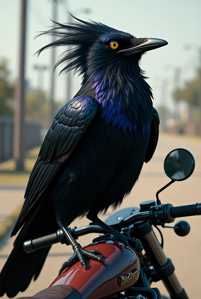 Black-bellied Grackle, with a viking beard, riding a motorcycle.