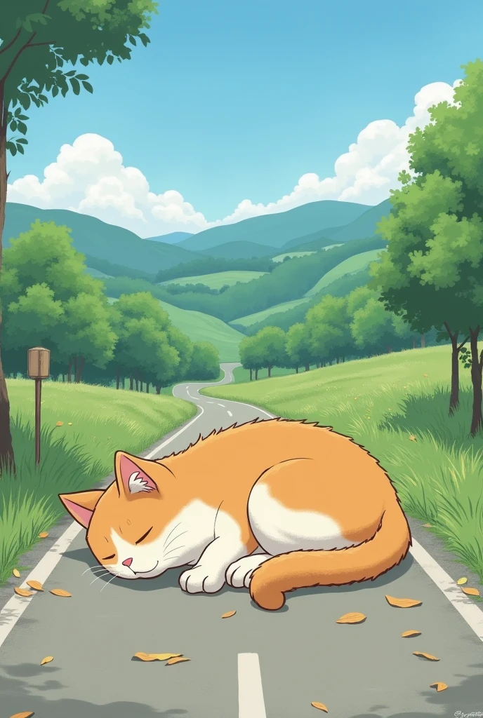 chat qui dors sur la route, etalé style anime ghibli