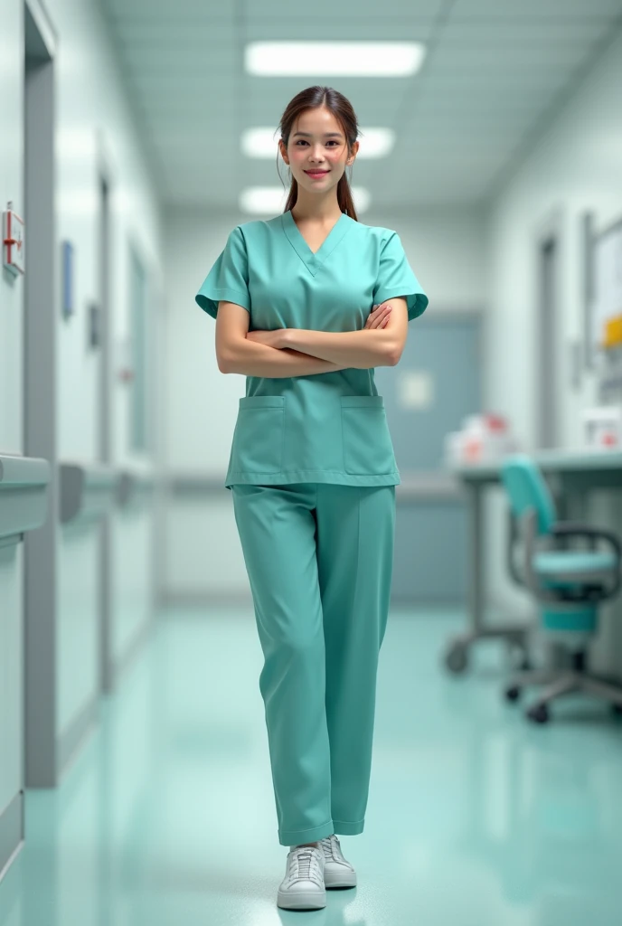 nurse in scrubs without a gown