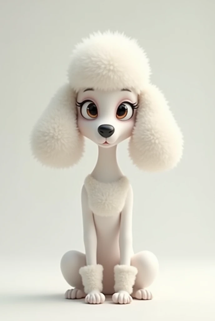 White and very flat poodle, with a thin snout, wavy ears, everything animated that is sitting