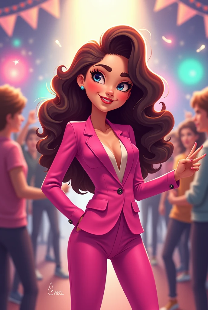 Cartoon of a party entertainer in a pink suit, slim build. With long hair and a sweet face