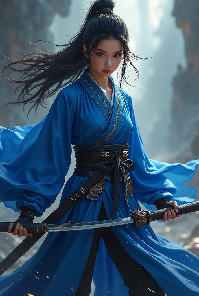 Create from the shoulder up a South Korean warrior girl in blue clothes with a black anime style background