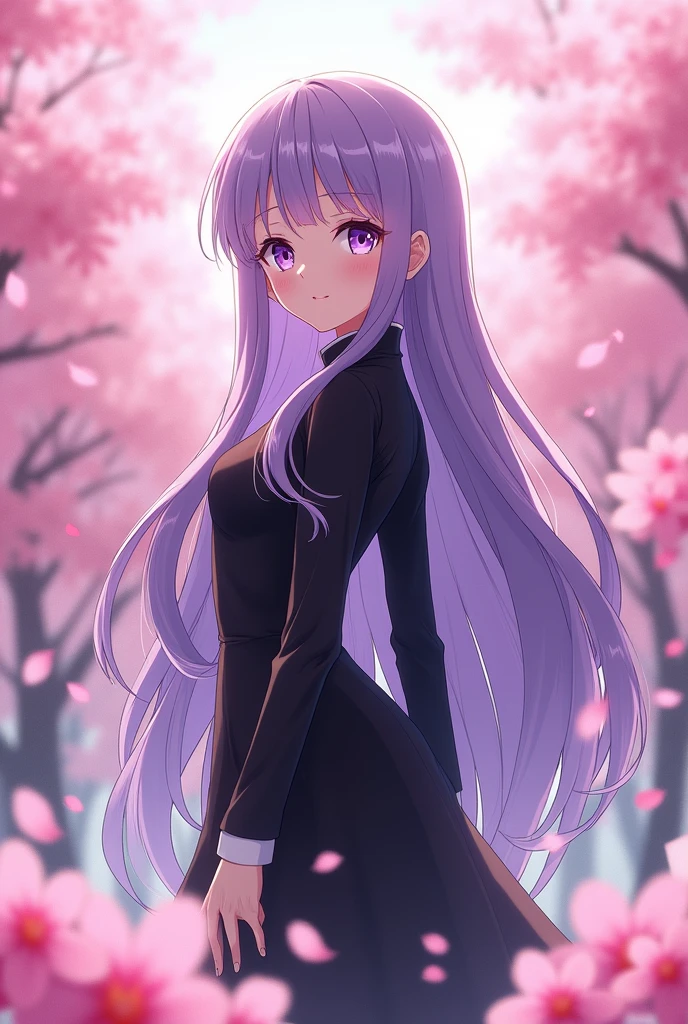 An anime girl with purple eyes and long, flowing lilac hair, wearing a formal black outfit, standing amidst a beautiful cherry blossom landscape. She is cute and depicted in full body.