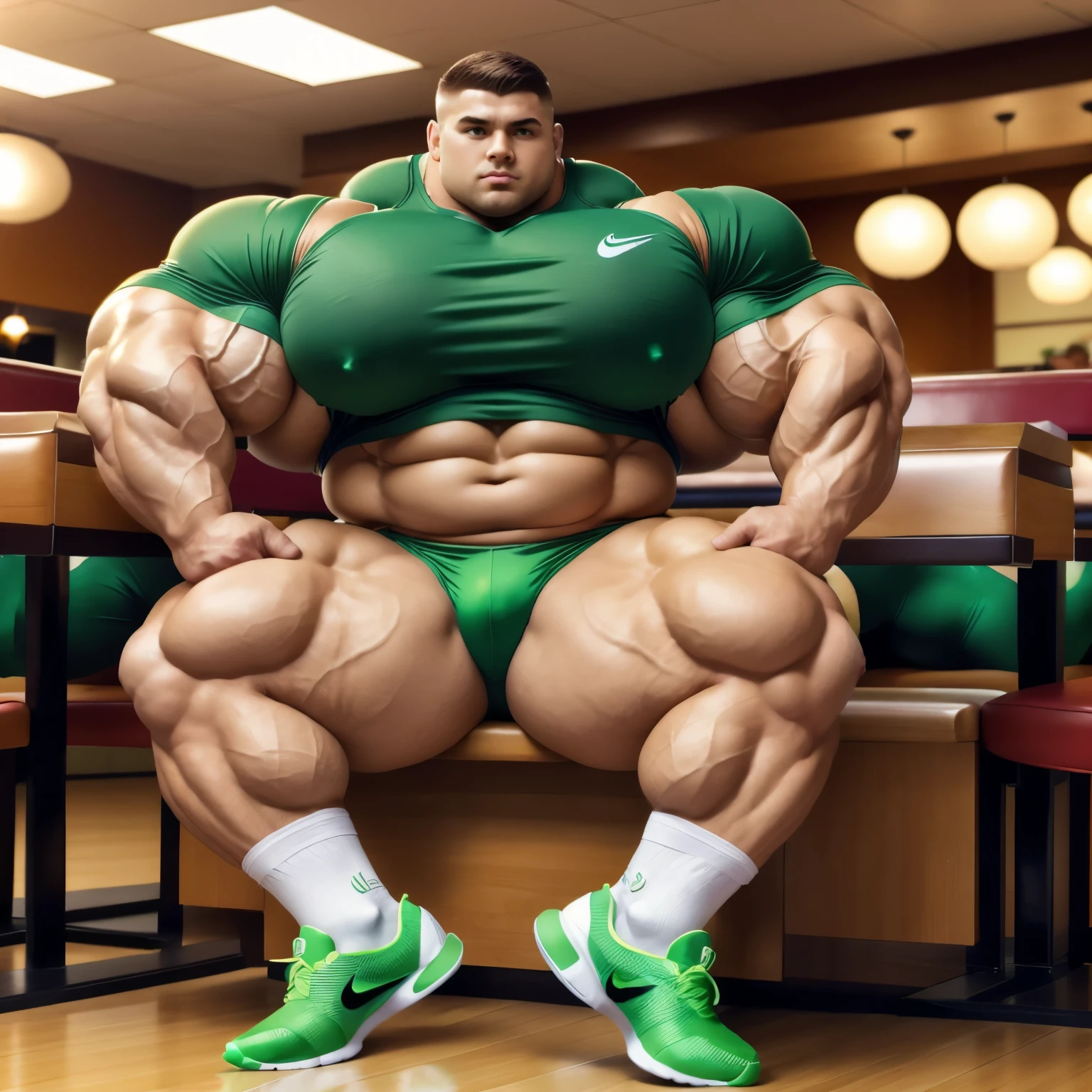 full view full body, A white bodybuilder male with undercut light-brown haircut, eating protein powder in bowl, is wearing a tight lycra dark-green shirt and dark-green lycra shorts, green lycra socks and white Nike air max trainers, flexing his over-Muscular arms showing off over-bloated triple biceps bigger than his head .he has enormous muscles and over-bloated pecs, over-inflated shoulders and back, sitting at a table in popular restaurant, socks and shoes must be seen