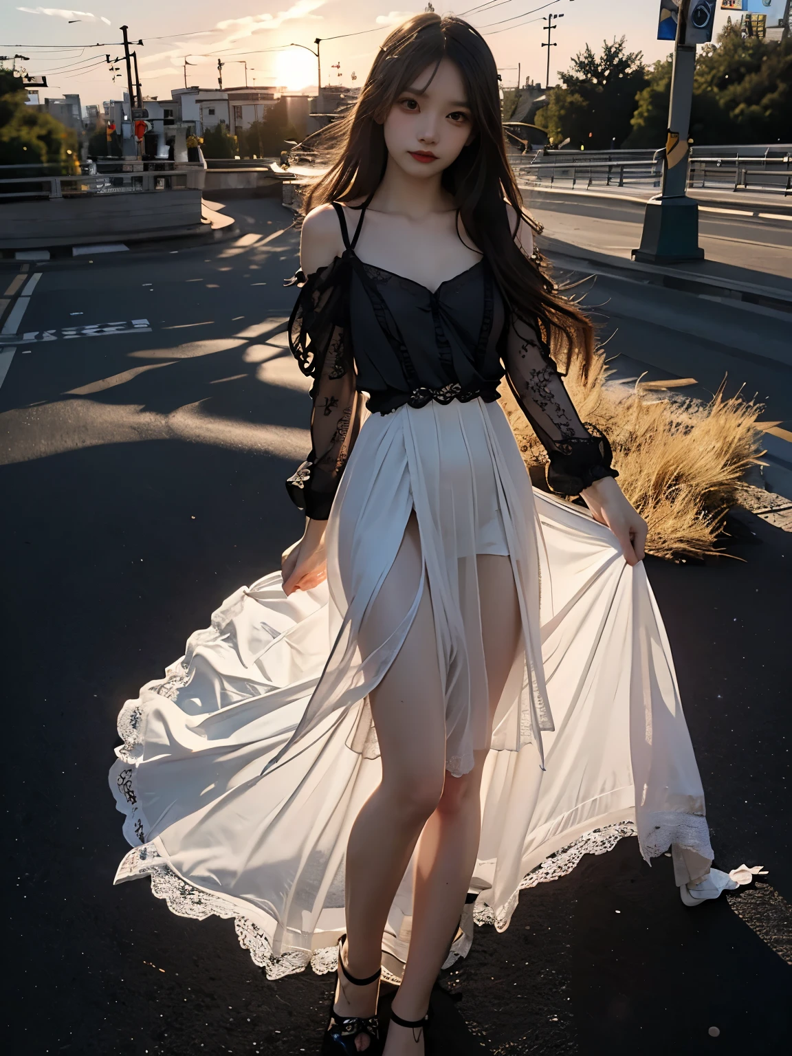 32K, Raw photo, Photorealistic, (Detailed skin, Best Quality:1.2), seductive succubus, (black wings), Teenage Japanese girl with black angel wings flying high in the evening sky, ((see through evening dress, black lace dress)), (((flat chest:1.4))), (light blonde hair, long straight hair), (Neat face, pale skin), full body shot, translucent black cloth is wrapped around the body, thighs, sunset sky high, sunset light,Beautiful nipples,Light clothing,Are thin,