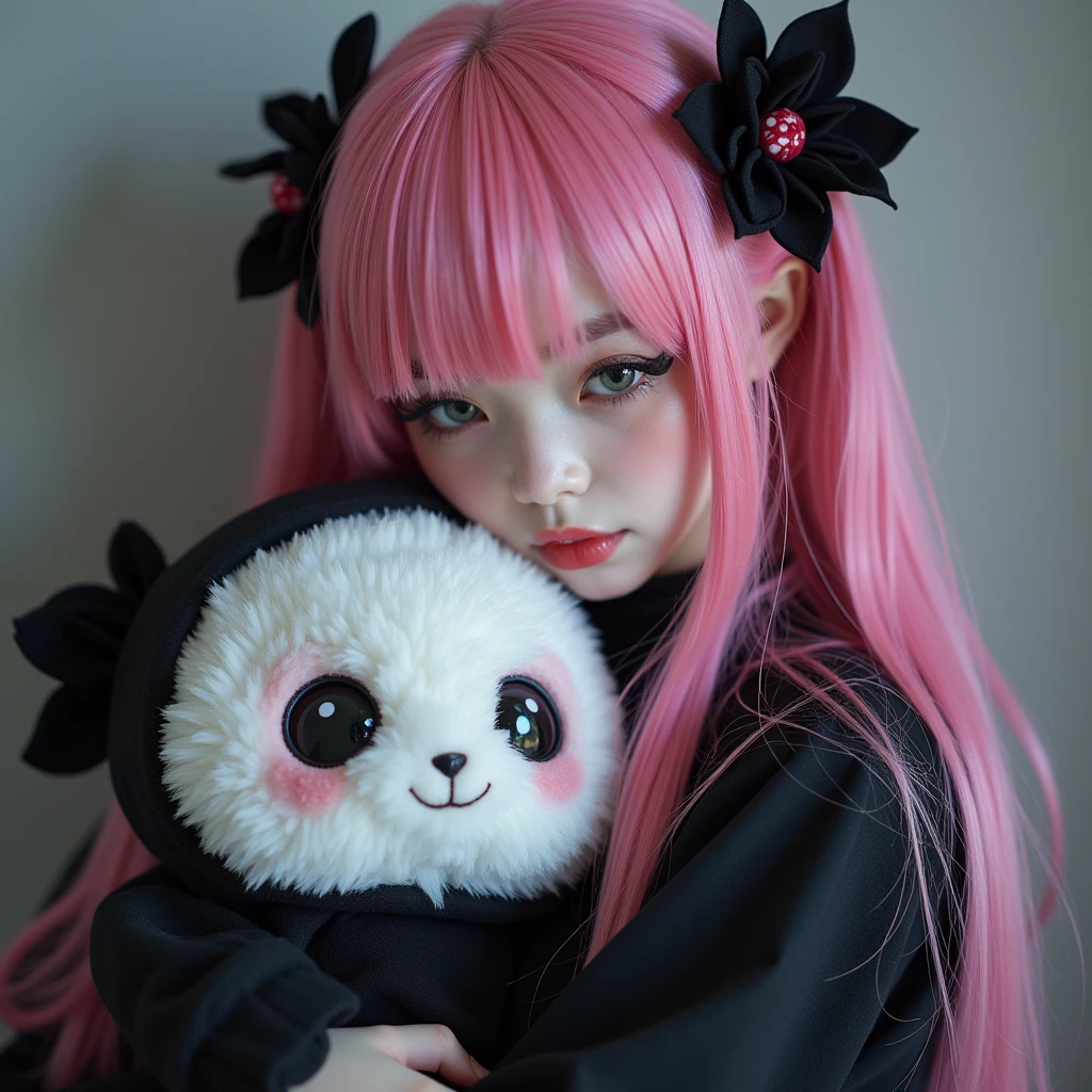 Korean ulzzang idol with pale skin and pink hair, hugging a gothic plushie 