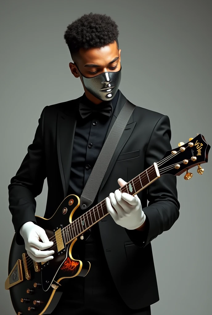 Create an image of a young adult man with brown skin and curly hair., with a silver mask, a black bow around his neck, with white gloves, playing a black acoustic guitar with fire details on it and he is dressed in black