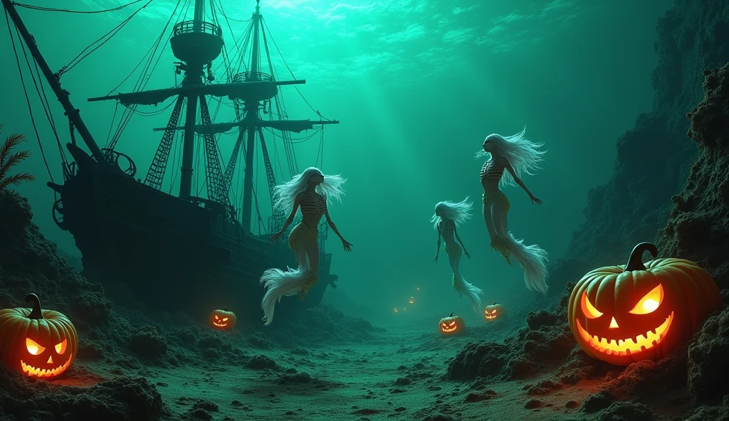 An underwater Halloween scene with a sunken pirate ship, glowing carved pumpkins sitting on coral, and skeletal mermaids swimming in the eerie green light filtering through the water, a hauntingly beautiful atmosphere
