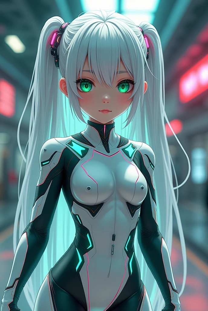 Anime version of white hair green eyes, ai girl, age , wearing neno tech suit.
