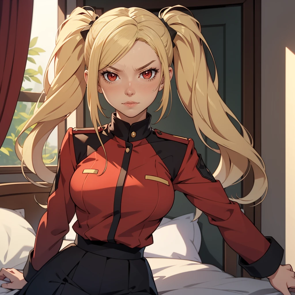 Very detailed, serious facial expression, bedroom, blonde hair with twintails, red eyes, looking at viewer, black and red uniform, skirt