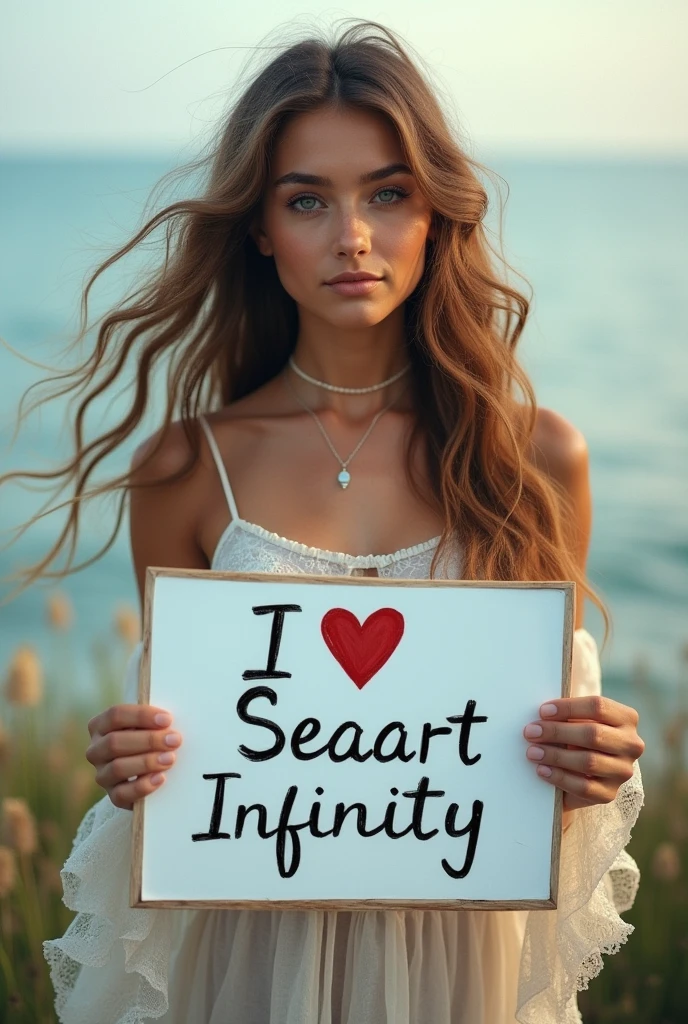 Beautiful girl with wavy long hair, bohemian dress, holding a white board with text "I Love Seaart Infinity" and showing it to the viewer