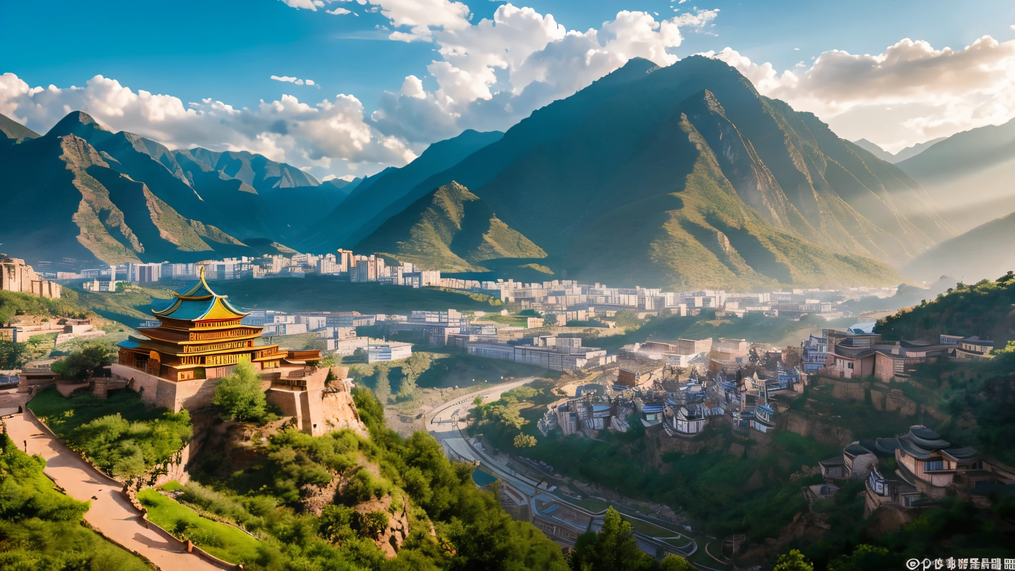 An (((ancient city))) stands majestically in the center of a mountainous landscape, while mythical figures emerge from the clouds, evoking the mysterious founding of the legendary [Xia Dynasty].