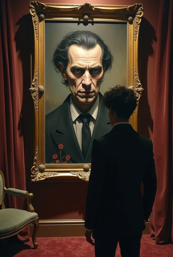 Dorian Gray looking at his beautiful and horrible portrait half way through