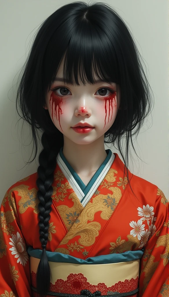 15 year old Japanese girl,Black hair and dark eyes,In kimono、Shortcuts、I have a book、Covered in blood, cute face, smile, Bleeding eyes, Bleeding from the nose or mouth, 邪悪なsmile