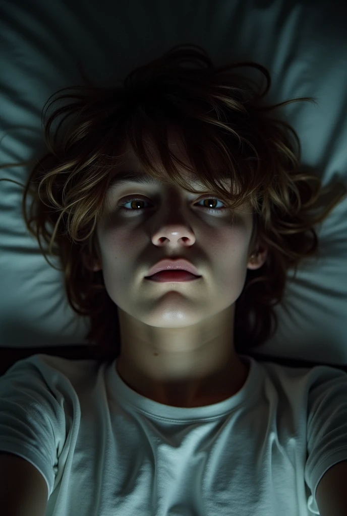  realistic photo of a teen male, with middle part hair style, messy hair . brown hair at home at night. No light. Taking a selfie.Laying on bed. No lights at all.  Messy hair. Teen. . Long hair