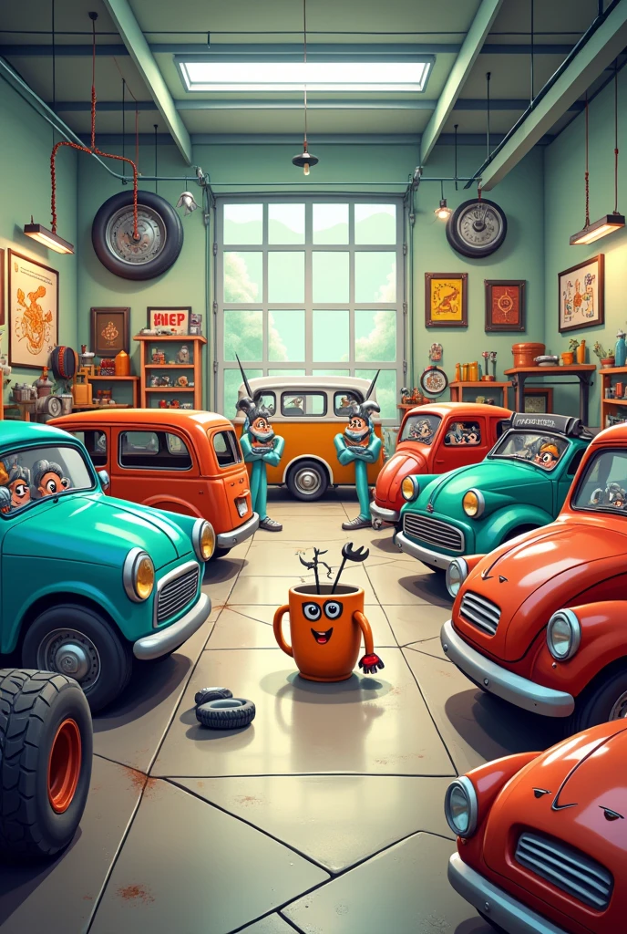 A car workshop, with cartoon tools
 