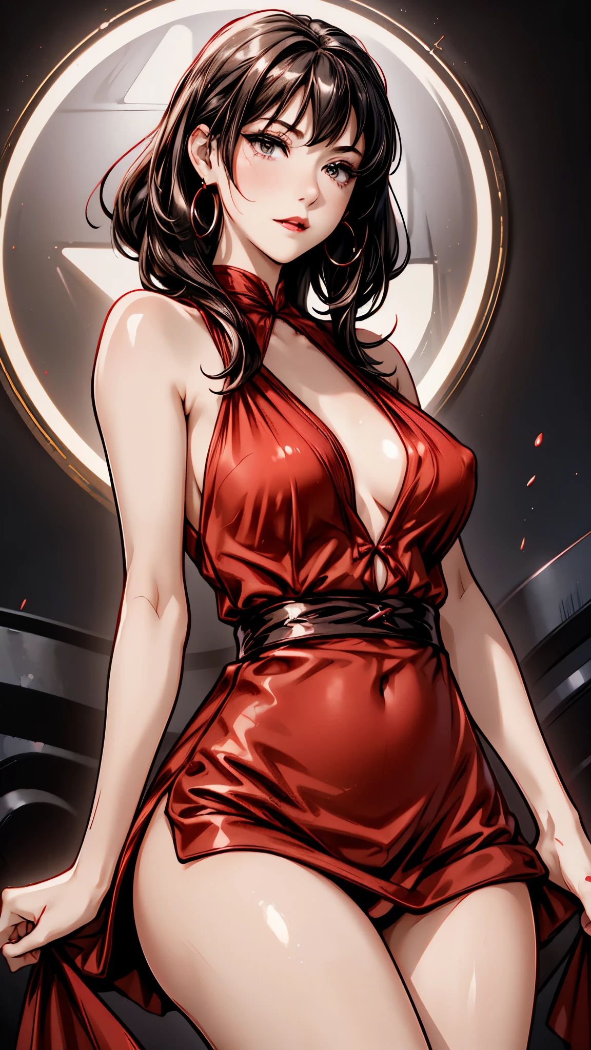 (8K HDR photorealistic pic), Betty Boop, short, althetic, curvy lady, ((tight little red dress)), dark eyebrows, black lipstick, (hoop earrings), dark eyeshadow, black lipstick, curvy, busty, (curly short black hair), shortstack, (retroussé breasts), darling figure, (supple pouting breasts), firm thighs, hourglass figure, kerchief, big brown eyes, dancing seductively