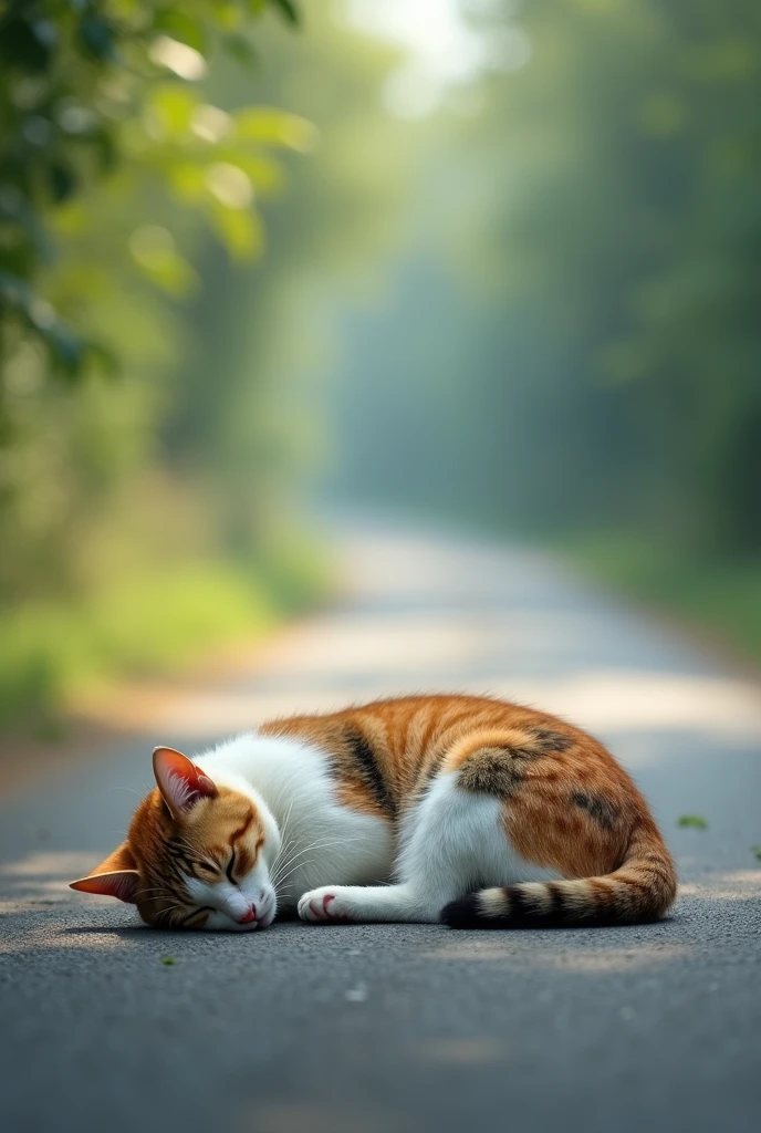 a sleeping cat on the road, calico cat, cat curled up sleeping, peaceful feline, realistic cat portrait, pastel colors, soft lighting, depth of field, serene atmosphere, impressionistic painting style, cinematic composition, (best quality,4k,8k,highres,masterpiece:1.2),ultra-detailed,(realistic,photorealistic,photo-realistic:1.37),HDR,studio lighting,extreme detail description,vibrant colors,natural bokeh