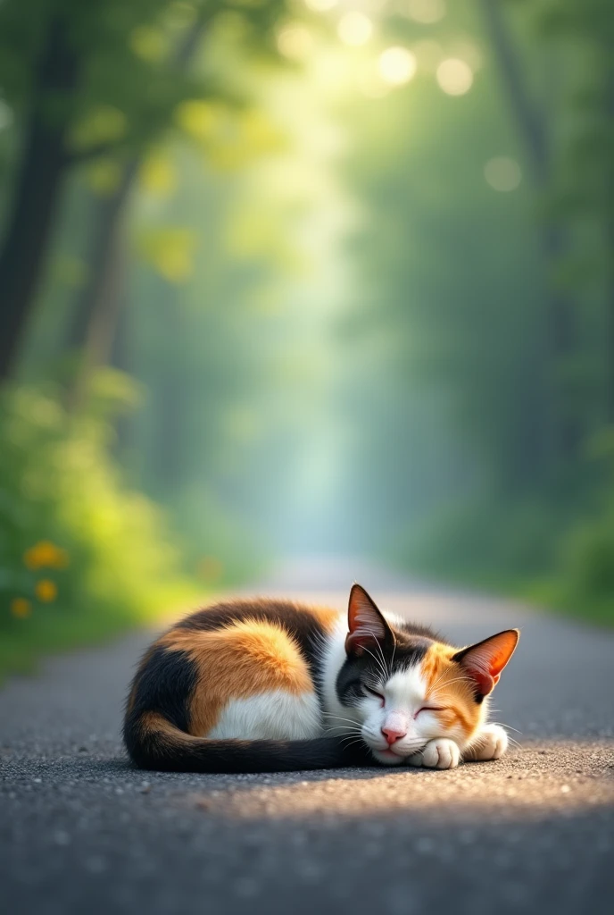 a sleeping cat on the road, calico cat, cat curled up sleeping, peaceful feline, realistic cat portrait, pastel colors, soft lighting, depth of field, serene atmosphere, impressionistic painting style, cinematic composition, (best quality,4k,8k,highres,masterpiece:1.2),ultra-detailed,(realistic,photorealistic,photo-realistic:1.37),HDR,studio lighting,extreme detail description,vibrant colors,natural bokeh
