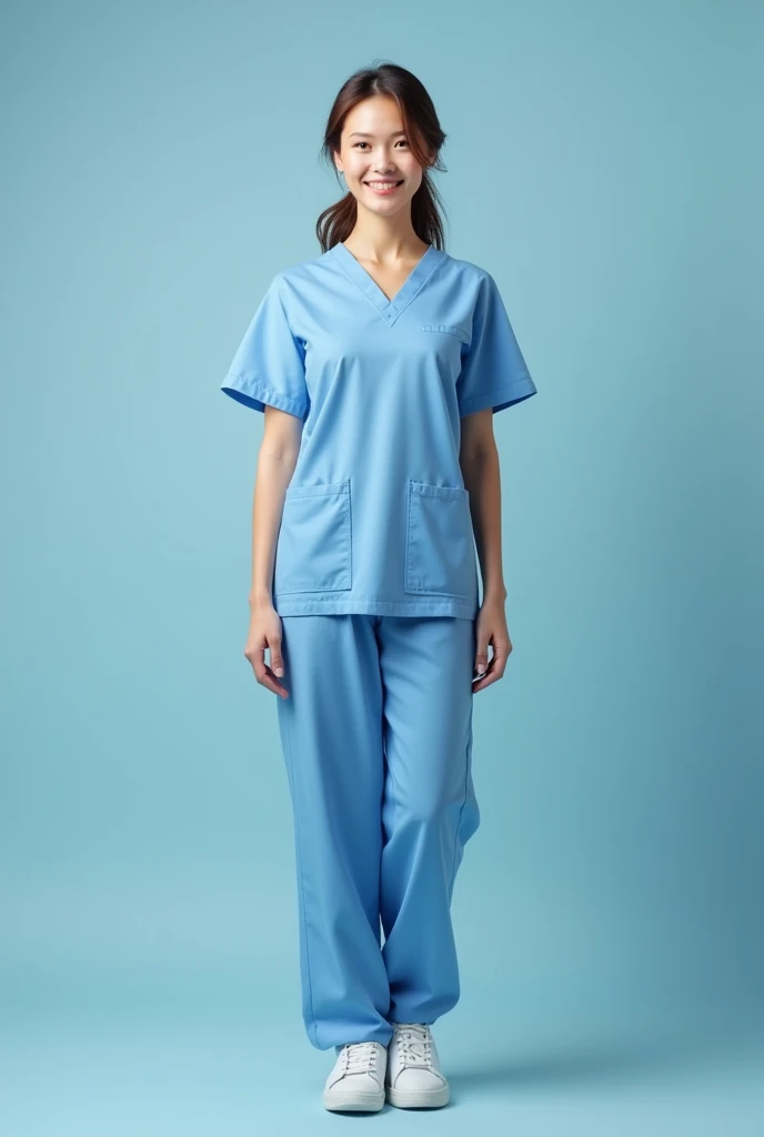 nurse in a blue clinical uniform without a coat