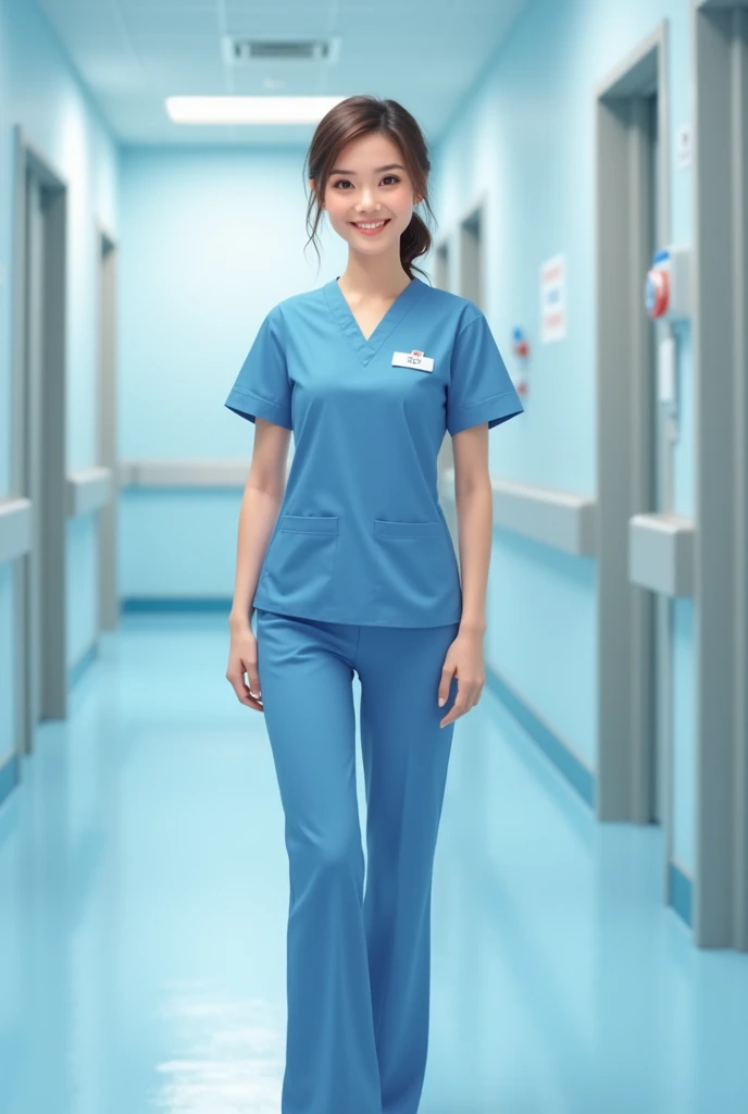 nurse in a blue clinical uniform without a coat