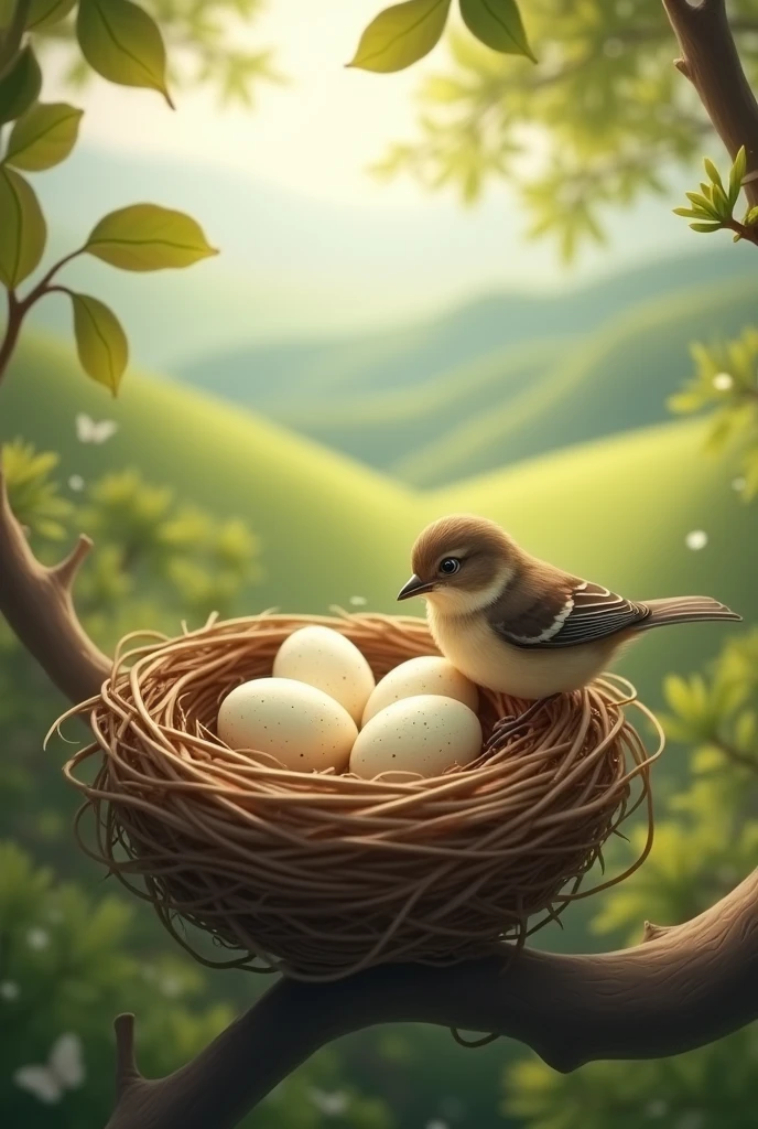 A mother bird with her nest and three eggs