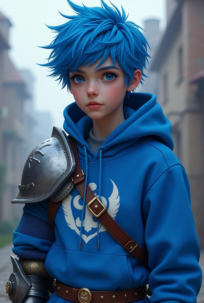 Character version blue hair dark blue eyes along with blue, sweatshirt and knight's clothing