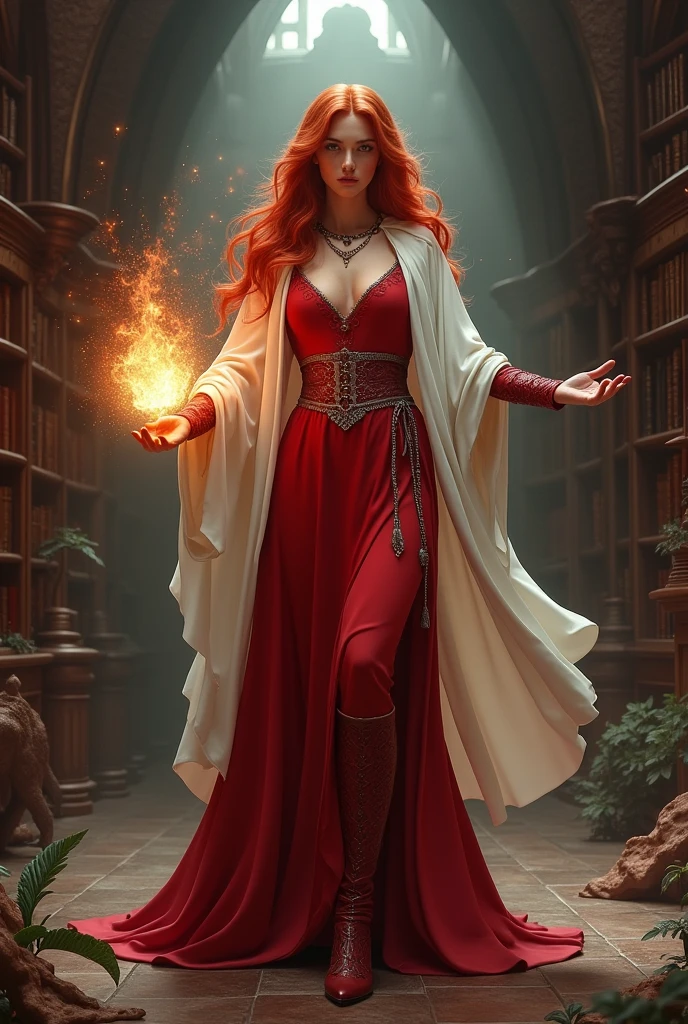 high details, best quality, 16k, [ultra detailed], masterpiece, best quality, (extremely detailed), full body, ultra wide shot, julie bell style (ultra details, Masterpiece, best quality), fantasy art, dnd art,fantasy art, realistic art, a sorceress casting a TransmutationMagicAI spell in magical library (ultra details, Masterpiece, best quality), exquisite beautiful human woman (ultra details, Masterpiece, best quality), red hair, long hair, (long red dress: 1.2), (white cloak: 1.3), high heeled boots (ultra details, Masterpiece, best quality) DruidMagicAI