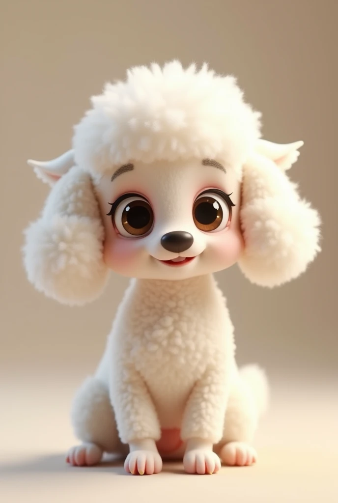 White and very flat poodle, with a thin snout, short neck and wavy ears, everything animated that is sitting