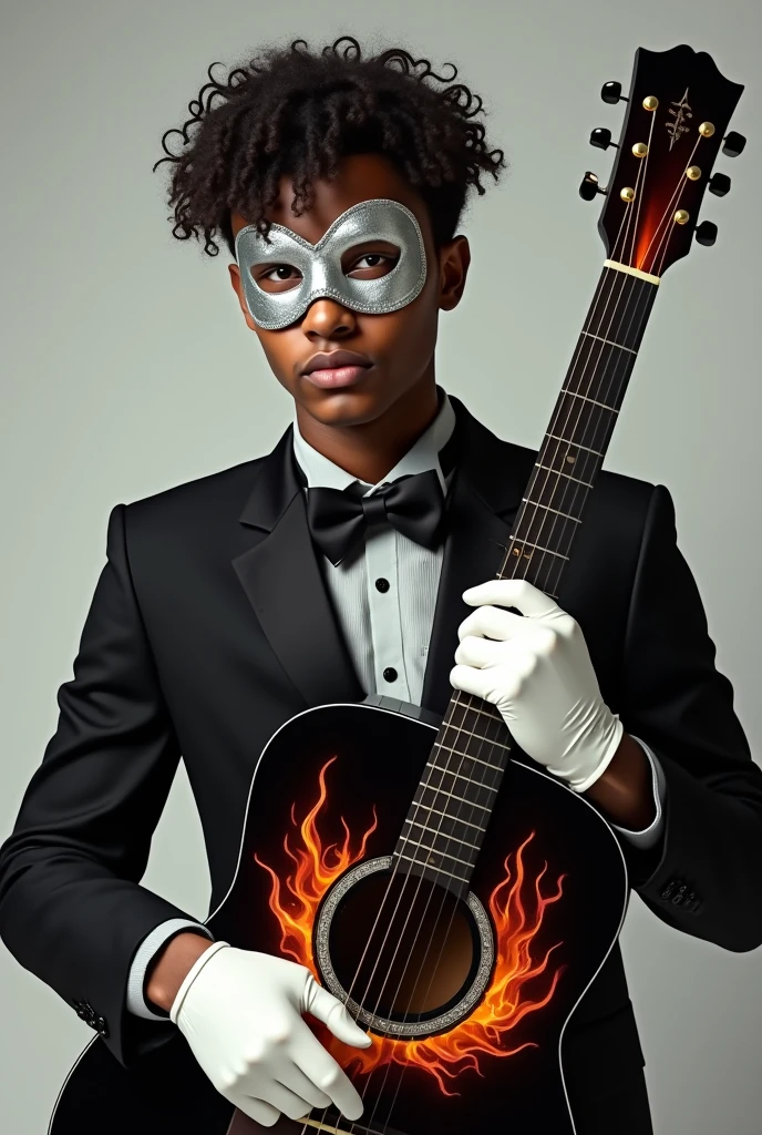 Create an image of a young adult man with brown skin and curly hair., with a silver mask, a black bow around his neck, with white gloves, playing a black acoustic guitar with fire details on it and he is dressed in black