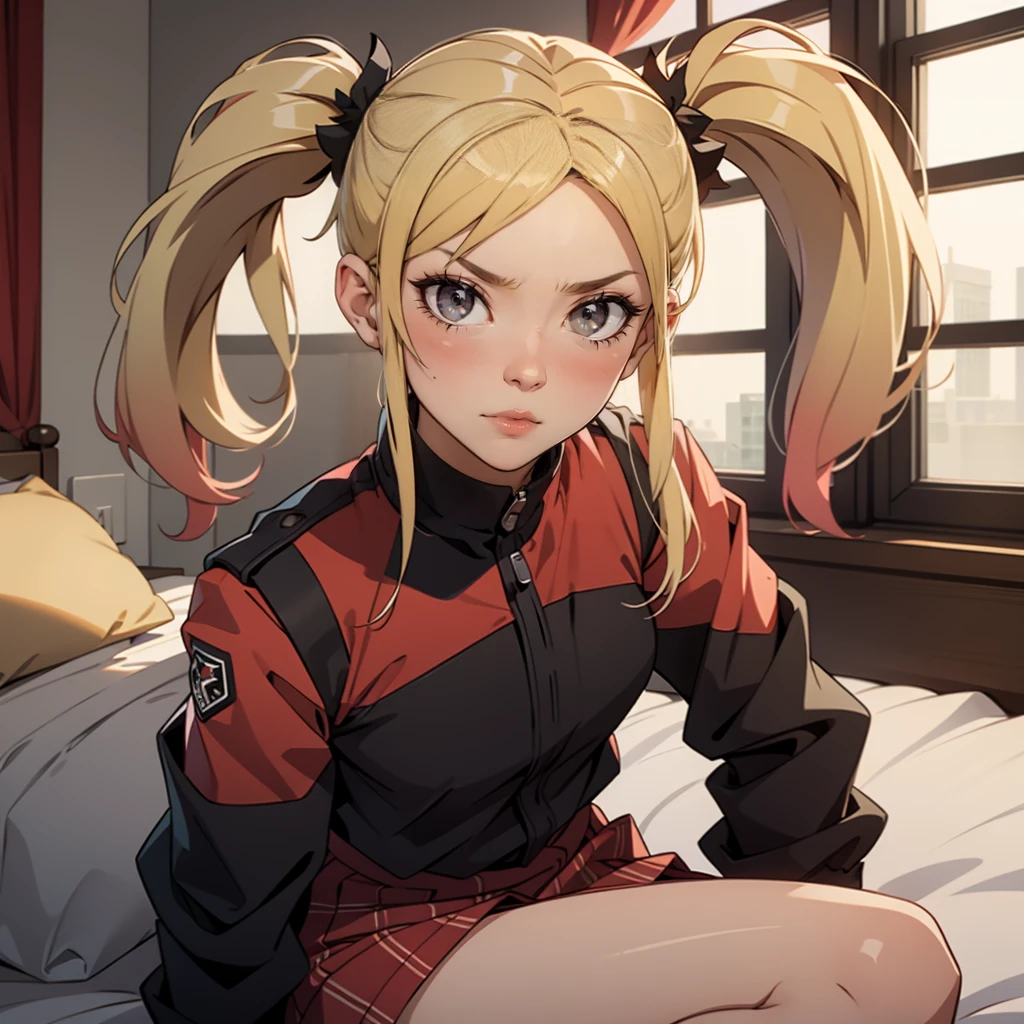 Very detailed, serious facial expression, bedroom, blonde hair with twintails, red eyes, looking at viewer, black and red uniform, skirt