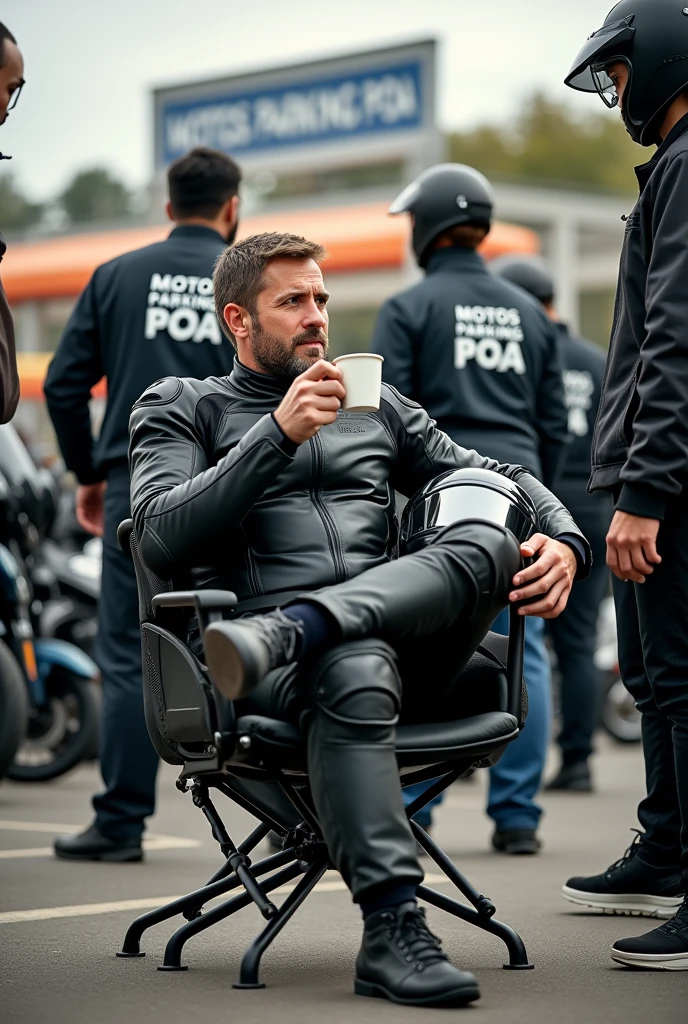 Man and better both, worker, dressed in special motorcycle clothing for rain, with helmet under his arm, sitting in a chair, smiling, drinking a coffee, chatting with other customers of the same type, in an exclusive parking lot for motorcycles called MOTOS PARKING, talking to parking employees, who have a sign saying MOTOS PARKING POA.
behind parking lot employees, parking motorcycles and in the background a sign with the name of the parking lot written, MOTOS PARKING POA