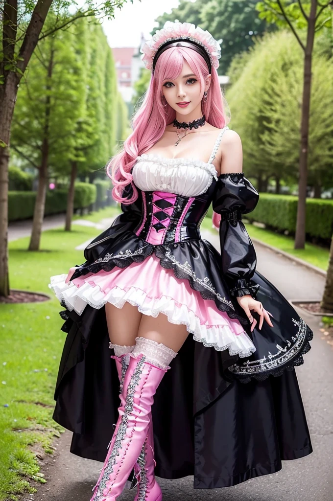 sexy stylish Swedish model, only 1 female, ((doll-like appearance)), long neon pink stylish hair, ((shiny Victorian-Style boots)), (big smile), ultra detailed eyes, vivid eye makeup, lipgloss, long lashes, defined eyebrows, ((sexy Paradise Kiss cosplay)), bell-shaped skirt, petticoats, high neckline, puffed sleeves, ((ultra detailed lace)), ((ultra detailed embroidery)), intricate details, Paradise Kiss accessoires and matching headpiece, choker, ((large sparkling Paradise Kiss jewelry)), cinematic light, detailed large park background with trees 