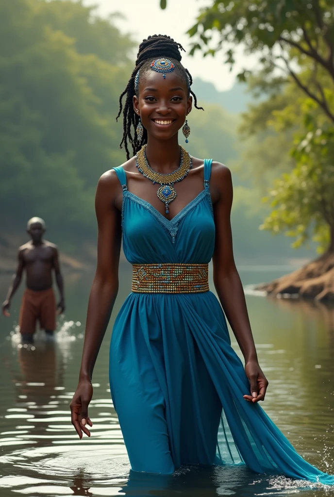 Olama Is a beautiful blind queen, she is putting on a blue dress with beads on her head and her waist representing her royalty she is dark and has a stunning smile . The picture should be in Africa way make her to appear in a river playing with water and an elderly man approach her while she was still in the river