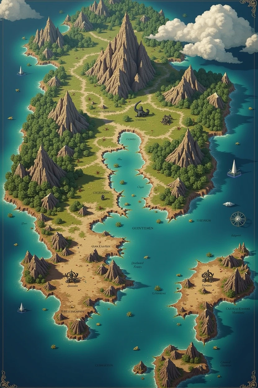 create a map of a fantasy world called Calus, this world has three continents: green, brown, and shadowy. There are two oceans, the endless and the abyss. there are two deserts: the scorpion to the south of the green continent and the bones between the green and brown continents. to the east of the brown continent is the shadowy continent. on the green continent we have the empire of Smyrna and the elven empire of the dark forest. on the brown continent we have a mountain range called the daughters of Hedon, these mountains are the kingdoms of the dwarf people. and to the north we have the Onyx Empire, which is ruled by a council of dragons. on the shadowy continent are unexplored lands and tribes of wild creatures.