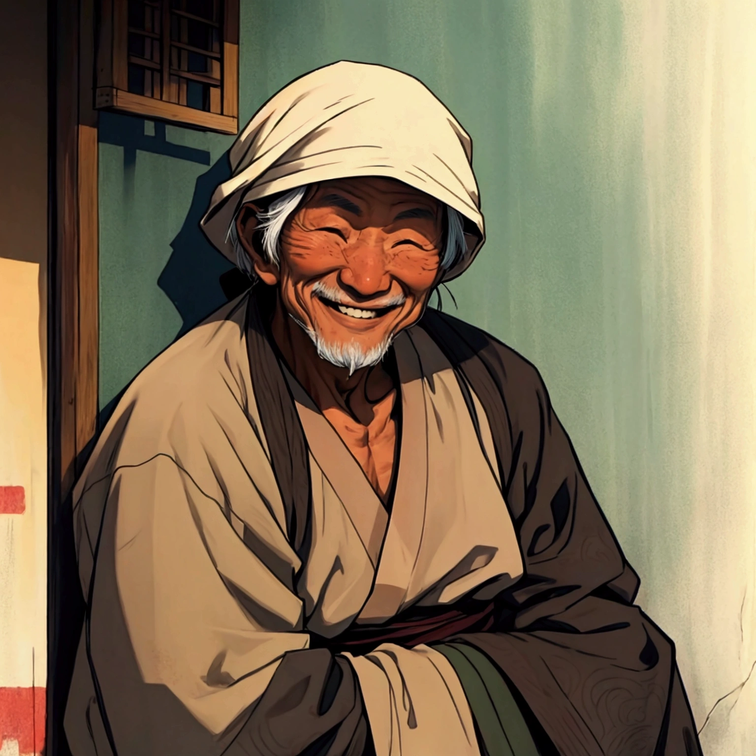 old asian homeless, smiling, black backround