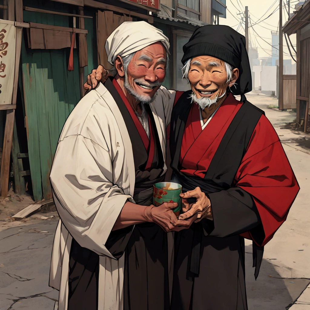 old asian homeless, smiling, black backround