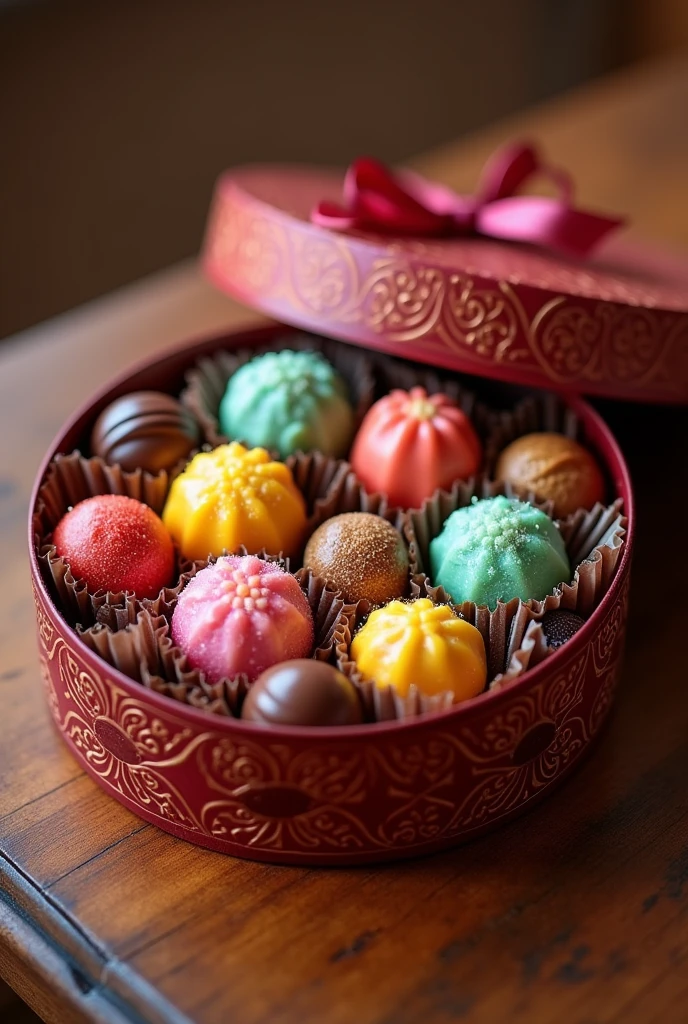 Colorful candies inside a box on the table, high resolution photo, epic realism