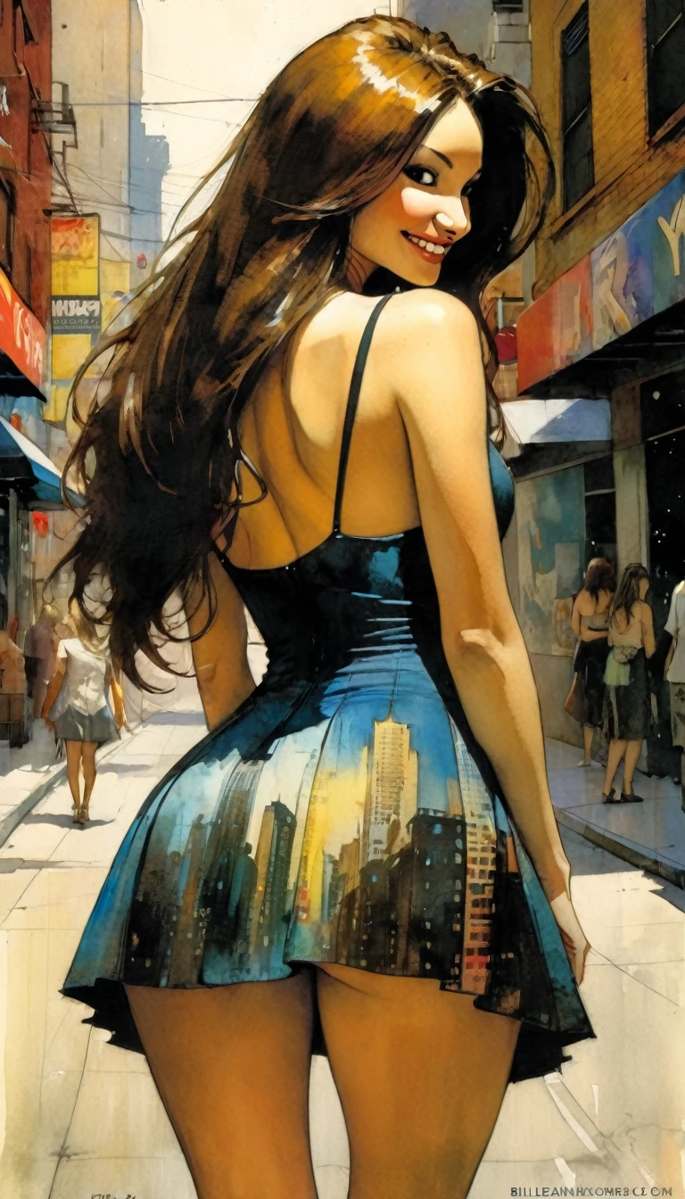 on the city street, in front, girl with her back turned, very sexy, Colombian, long hair, wearing a sexy dress, head turned; She looks at us, smiles, lifts her skirt and shows part of her ass,art inspired by Bill Sienkiewicz and Dave McKean