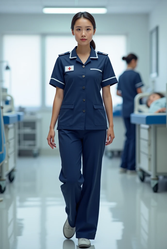 nurse in a navy blue clinical uniform without a coat