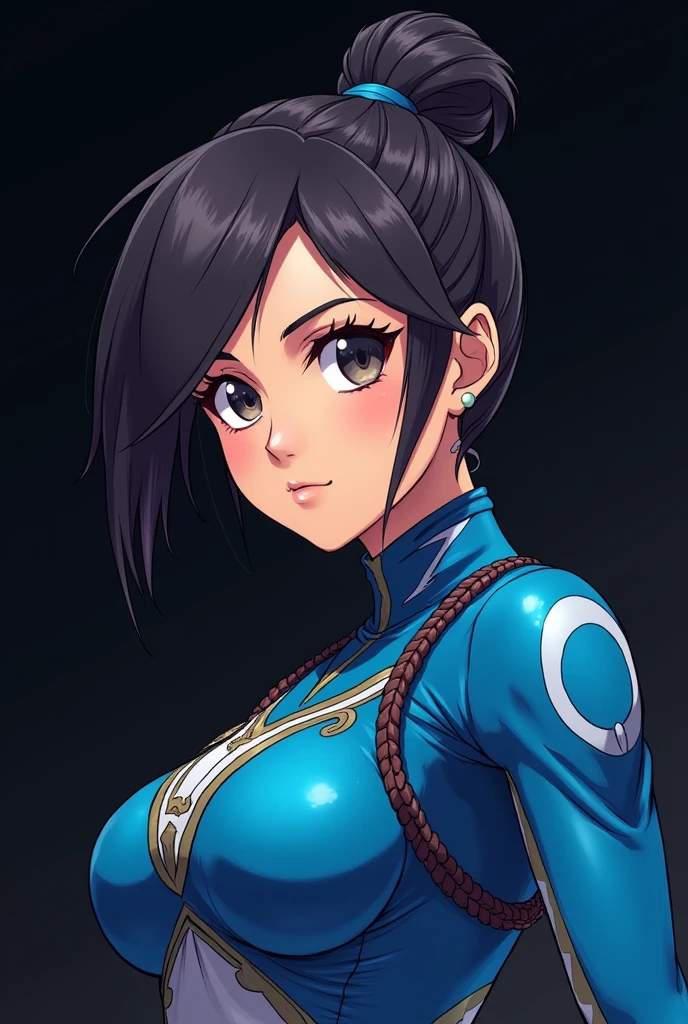 Create a bust-up illustration of a female warrior from South Korea wearing blue clothing, with a black background. The style should be anime cartoon.