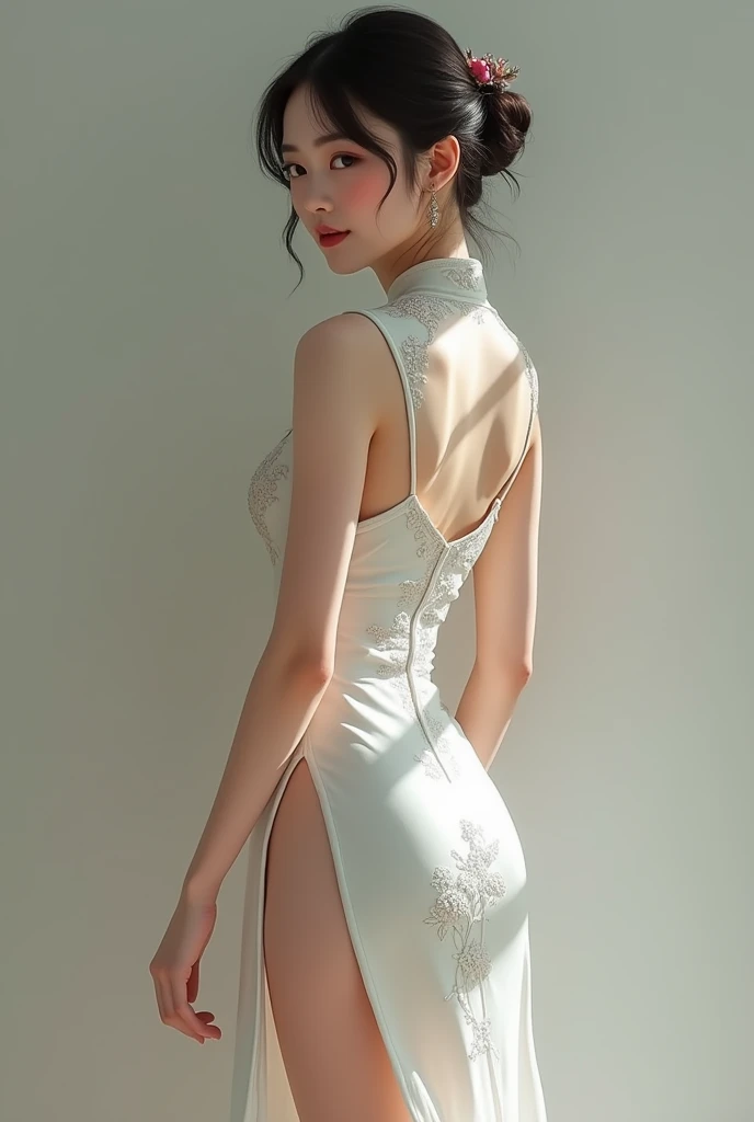 Young Asian girl in white cheongsam with embroidery looking sexy, long bare legs look over her shoulder from the back