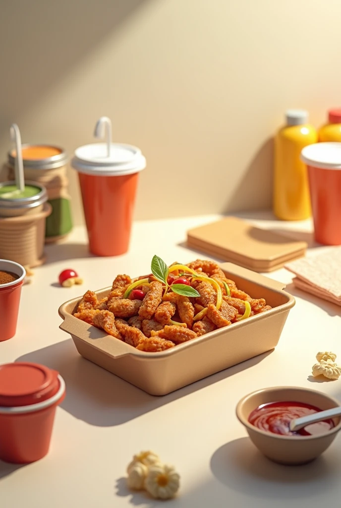 Create an image with this information : Main course: Placed in the center of the table space, Usually in disposable trays that customers receive when ordering..covered: If the order includes items that require cutlery (like salads or desserts), These are placed on the tray or delivered with the order..Napkins: Available in a dispenser near the table or placed on the food tray.Condiments and sauces: Sauces and condiments such as ketchup, mustard, and others, They are usually in dispensers or small packets that customers can take according to their preference..Glasses and drinks: Drinking cups are placed in a nearby space or delivered along with the food tray..