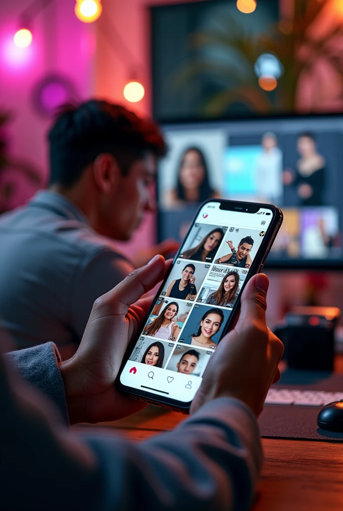 {
"prompt": "A high-resolution, realistic image representing the concept of 'Criação de Conteúdos para Instagram.' The scene shows a creative workspace with a smartphone or tablet displaying an Instagram feed full of visually engaging posts, including videos, images, and compelling captions. The posts highlight a salon, showcasing stylish haircuts, satisfied clients, and promotional content. A digital content creator is seen working on the next post, surrounded by tools like a camera, lighting equipment, and design software. The atmosphere is vibrant and energetic, reflecting the goal of creating optimized content that strengthens brand presence and attracts qualified followers.",
"size": "1024x1024"
}