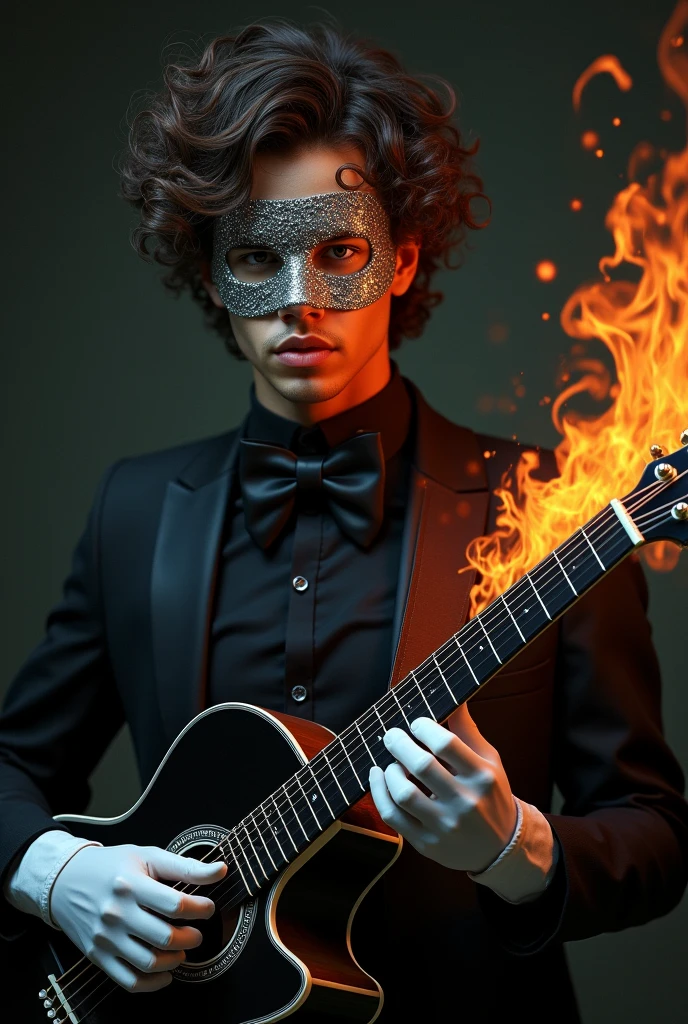 Create an image of a young adult man with brown skin and curly hair., with a silver mask, a black bow around his neck, with white gloves, playing a black acoustic guitar with fire details on it and he is dressed in black